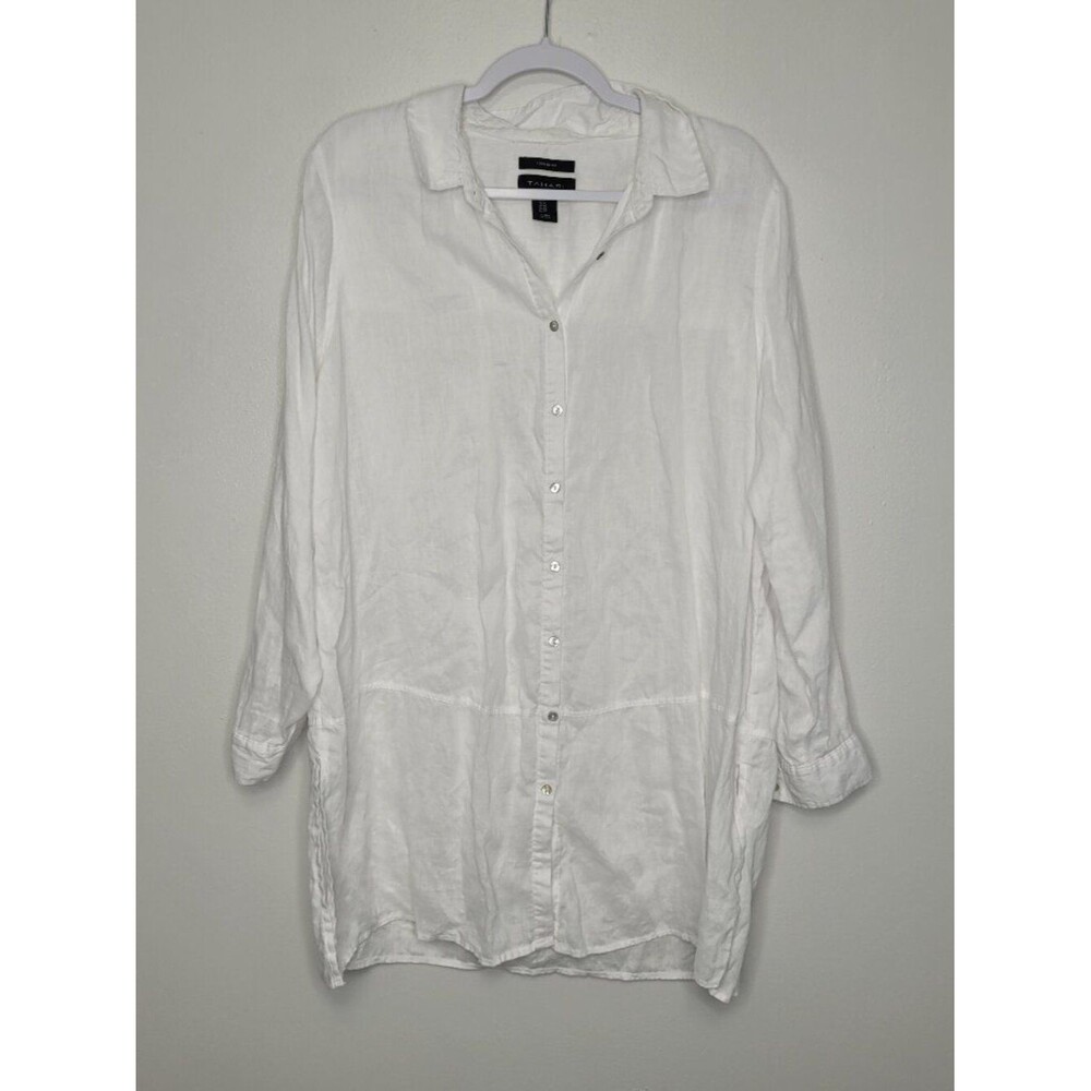 Tahari white 100% linen button front coastal vacation tunic top size 1x